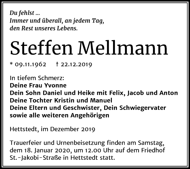 Traueranzeige für Steffen Mellmann vom 04.01.2020 aus Mitteldeutsche Zeitung Mansfelder Land