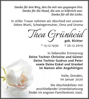 Traueranzeige von Thea Grünheid von Mitteldeutsche Zeitung Aschersleben