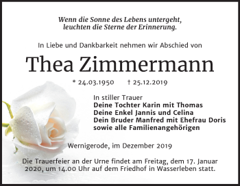 Traueranzeige von Thea Zimmermann von Mitteldeutsche Zeitung Quedlinburg