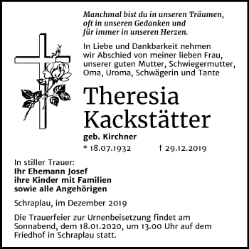 Traueranzeige von Theresia Kackstätter von Mitteldeutsche Zeitung Merseburg/Querfurt