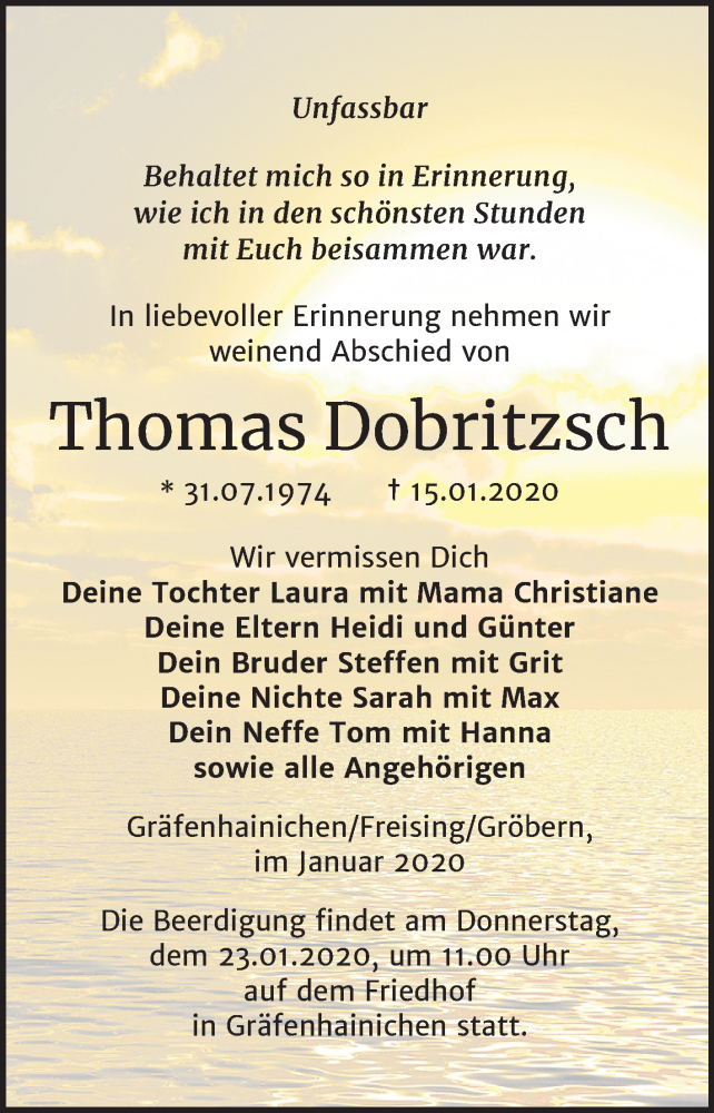  Traueranzeige für Thomas Dobritzsch vom 18.01.2020 aus Mitteldeutsche Zeitung Bitterfeld / Wittenberg