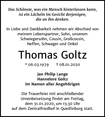 Traueranzeige von Thomas Goltz von Super Sonntag Quedlinburg