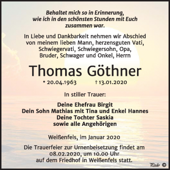 Traueranzeige von Thomas Göthner von Wochenspiegel Weißenfels