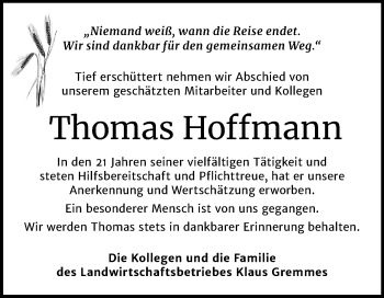 Traueranzeige von Thomas Hoffmann von Mitteldeutsche Zeitung Mansfelder Land