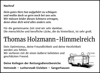 Traueranzeige von Thomas Holzmann-Himmelreich von Wochenspiegel Mansfelder Land