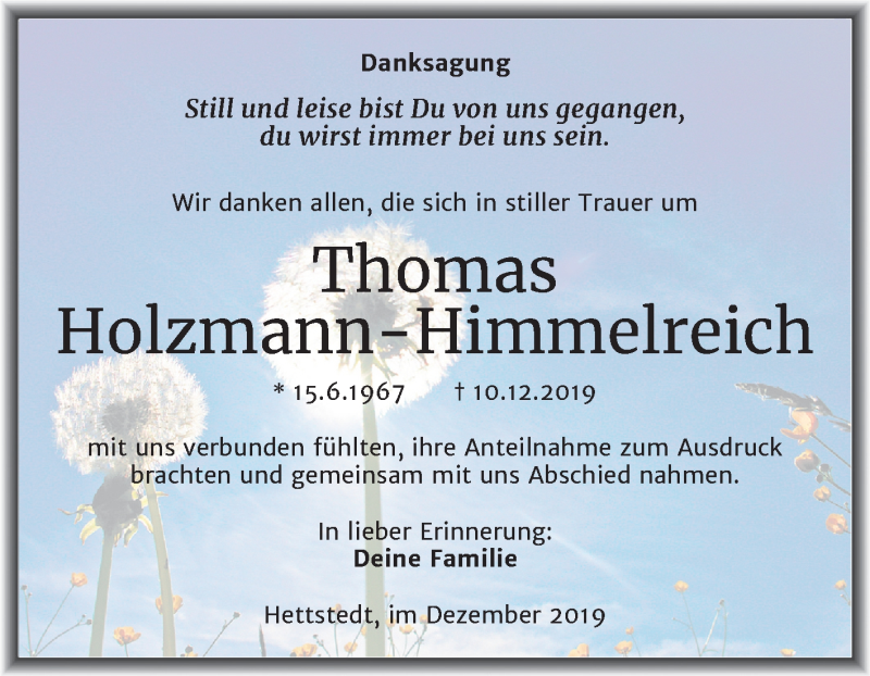  Traueranzeige für Thomas Holzmann-Himmelreich vom 04.01.2020 aus Mitteldeutsche Zeitung Mansfelder Land
