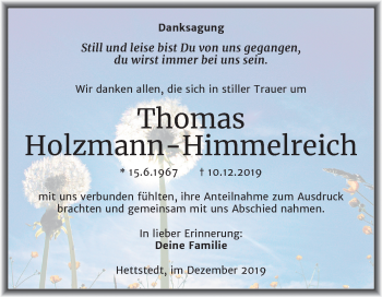 Traueranzeige von Thomas Holzmann-Himmelreich von Super Sonntag Mansfelder Land