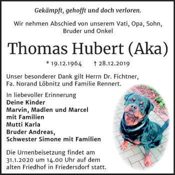 Traueranzeige von Thomas Hubert von Mitteldeutsche Zeitung Bitterfeld