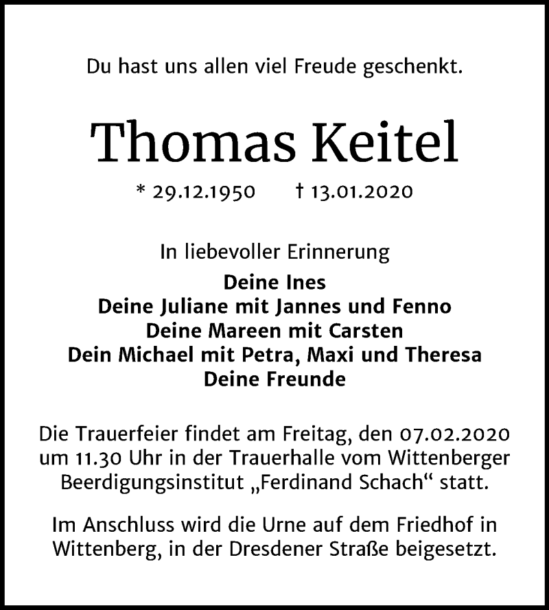  Traueranzeige für Thomas Keitel vom 25.01.2020 aus Super Sonntag Wittenberg
