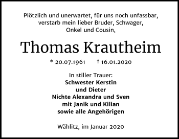 Traueranzeige von Thomas Krautheim von Wochenspiegel Weißenfels