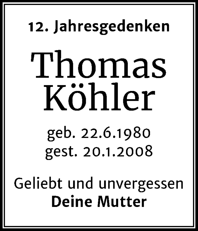  Traueranzeige für Thomas Köhler vom 20.01.2020 aus Mitteldeutsche Zeitung Halle/Saalkreis