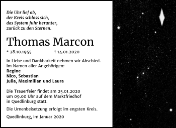 Traueranzeige von Thomas Marcon von Wochenspiegel Quedlinburg