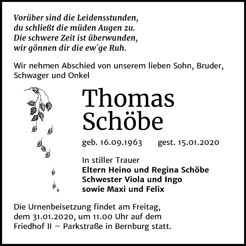  Traueranzeige für Thomas Schöbe vom 25.01.2020 aus Super Sonntag Bernburg