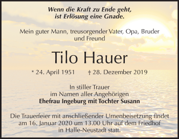 Traueranzeige von Tilo Hauer von Mitteldeutsche Zeitung Halle/Saalkreis