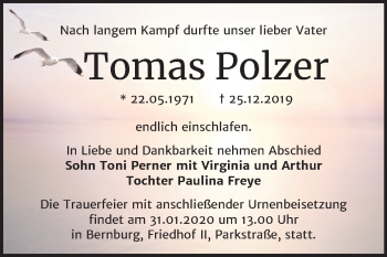Traueranzeige von Tomas Polzer von Mitteldeutsche Zeitung Bernburg