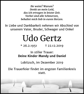 Traueranzeige von Udo Gertz von Wochenspiegel Weißenfels