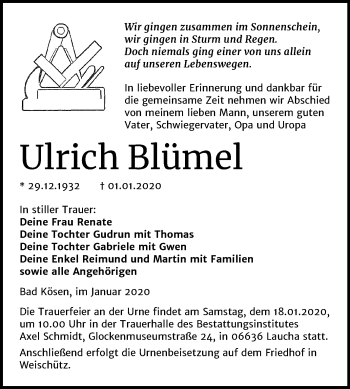 Traueranzeige von Ulrich Blümel von Mitteldeutsche Zeitung Naumburg/Nebra