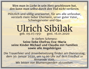 Traueranzeige von Ulrich Sibilak von Mitteldeutsche Zeitung Mansfelder Land
