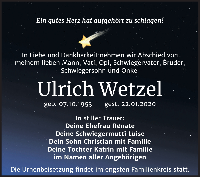  Traueranzeige für Ulrich Wetzel vom 28.01.2020 aus Mitteldeutsche Zeitung Bitterfeld