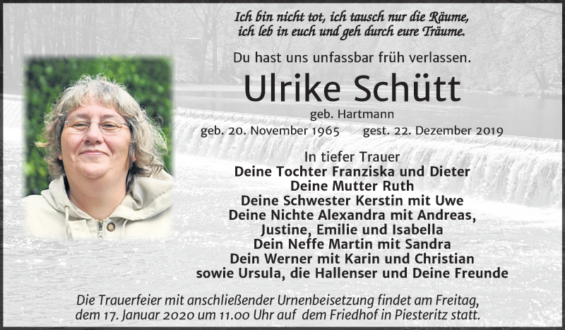  Traueranzeige für Ulrike Schütt vom 04.01.2020 aus Mitteldeutsche Zeitung Wittenberg