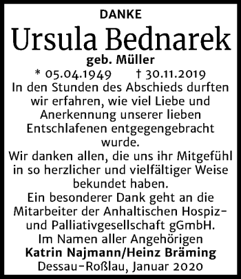 Traueranzeige von Ursula Bednarek von Super Sonntag Dessau-Roßlau