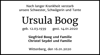 Traueranzeige von Ursula Boog von Super Sonntag Wittenberg
