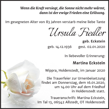 Traueranzeige von Ursula Fiedler von Mitteldeutsche Zeitung Sangerhausen