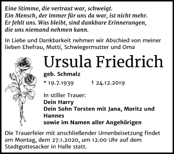 Traueranzeige von Ursula Friedrich von Mitteldeutsche Zeitung Halle/Saalkreis