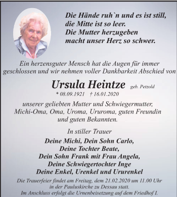 Traueranzeige von Ursula Heintze von Super Sonntag Dessau-Roßlau