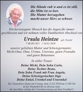 Traueranzeige von Ursula Heintze von Mitteldeutsche Zeitung Dessau-Roßlau