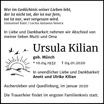 Traueranzeige von Ursula Kilian von Mitteldeutsche Zeitung Aschersleben