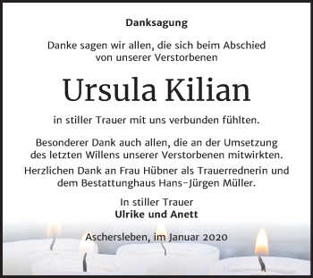 Traueranzeige von Ursula Kilian von Wochenspiegel Aschersleben