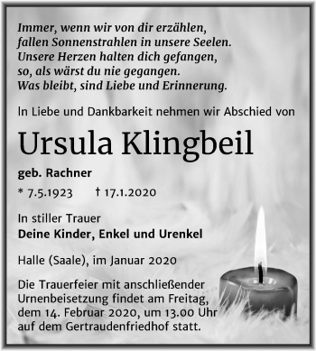 Traueranzeige von Ursula Klingbeil von Mitteldeutsche Zeitung Halle/Saalkreis