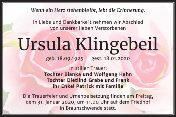 Traueranzeige von Ursula Klingebeil von Wochenspiegel Mansfelder Land / Quedlinburg