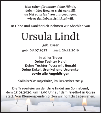 Traueranzeige von Ursula Lindt von Mitteldeutsche Zeitung Dessau-Roßlau