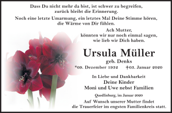 Traueranzeige von Ursula Müller von Mitteldeutsche Zeitung Quedlinburg