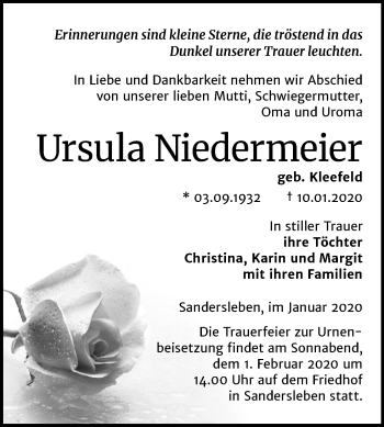 Traueranzeige von Ursula Niedermeier von Super Sonntag Mansfelder Land