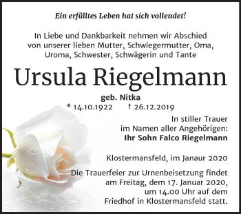 Traueranzeige von Ursula Riegelmann von Wochenspiegel Mansfelder Land