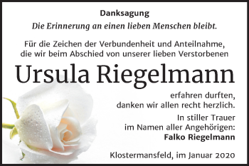 Traueranzeige von Ursula Riegelmann von Mitteldeutsche Zeitung Mansfelder Land