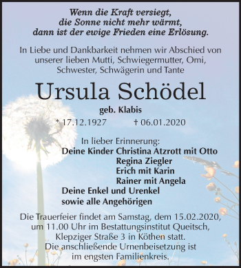 Traueranzeige von Ursula Schädel von Super Sonntag Köthen