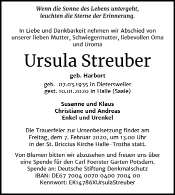 Traueranzeige von Ursula Streuher von Mitteldeutsche Zeitung Halle/Saalkreis