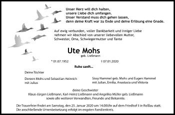 Traueranzeige von Ute Mohs von Mitteldeutsche Zeitung Dessau-Roßlau