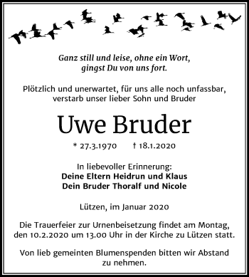 Traueranzeige von Uwe Bruder von Wochenspiegel Weißenfels