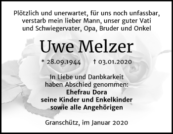Traueranzeige von Uwe Melzer von Mitteldeutsche Zeitung Weißenfels