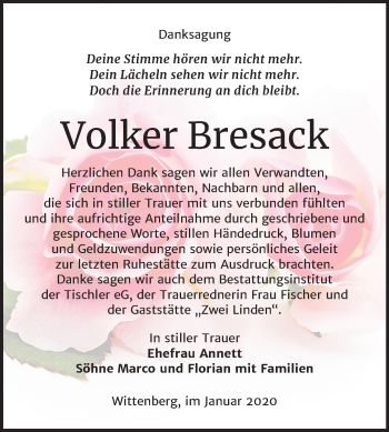 Traueranzeige von Volker Bresack von Super Sonntag Wittenberg