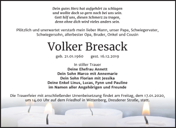 Traueranzeige von Volker Bresack von Super Sonntag Wittenberg