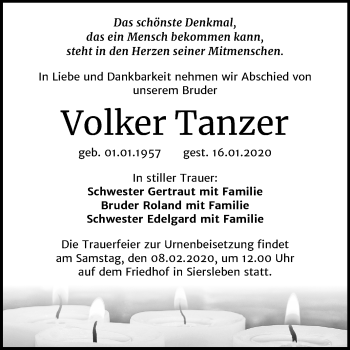 Traueranzeige von Volker Tanzer von Wochenspiegel Mansfelder Land