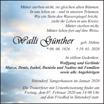 Traueranzeige von Walli Günther von Mitteldeutsche Zeitung Sangerhausen