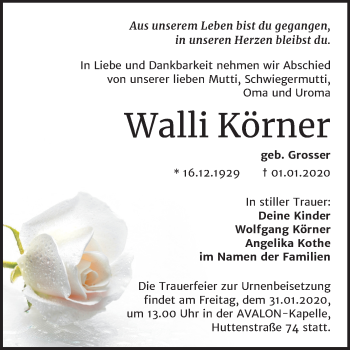 Traueranzeige von Walli Körner von Mitteldeutsche Zeitung Halle/Saalkreis