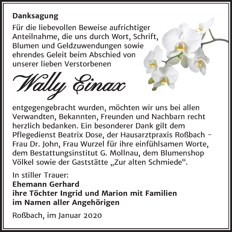  Traueranzeige für Wally Einax vom 25.01.2020 aus Mitteldeutsche Zeitung Merseburg/Querfurt